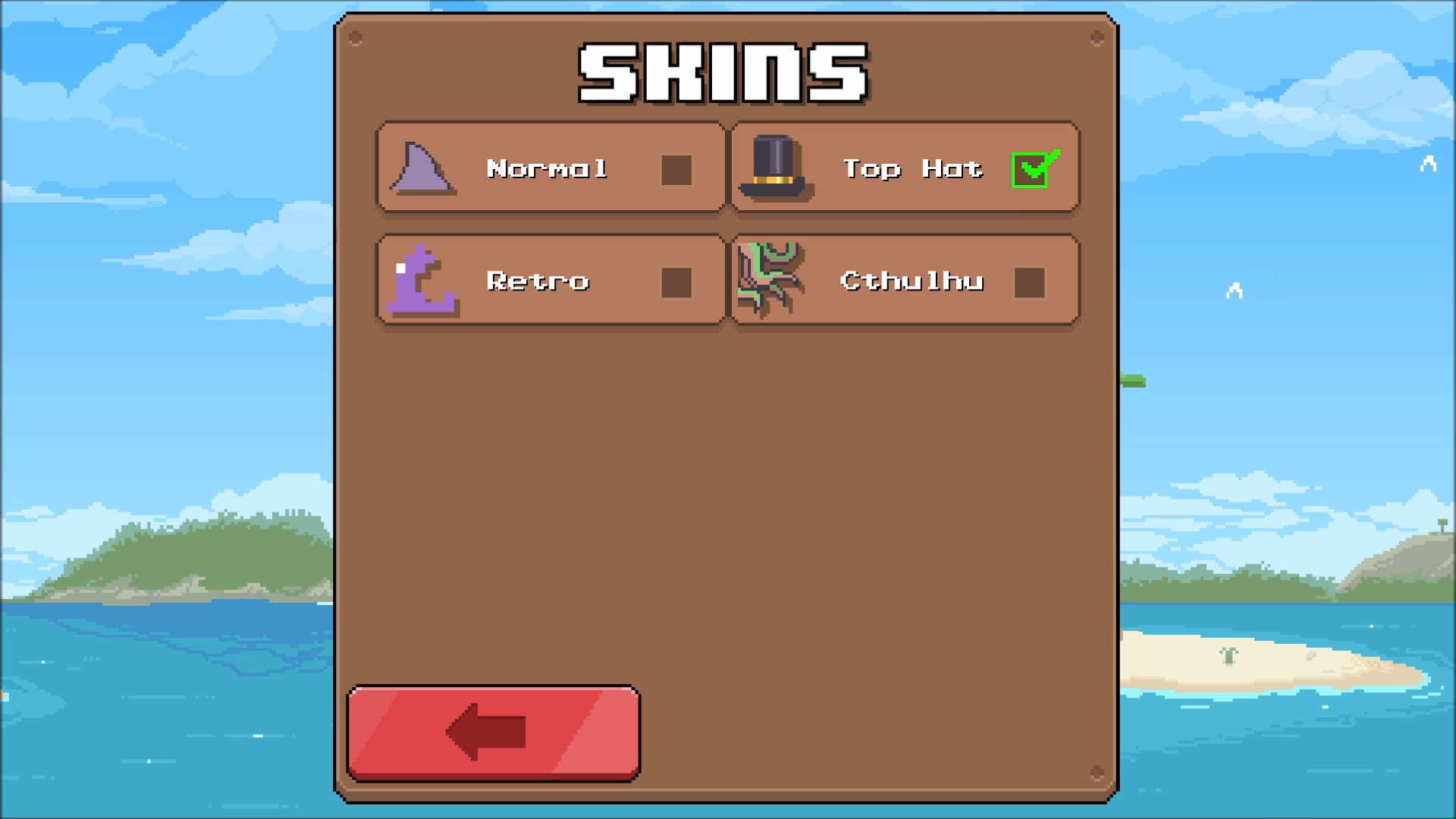 The Skins screen showing Normal, Top Hat, Retro and Cthulhu shark looks